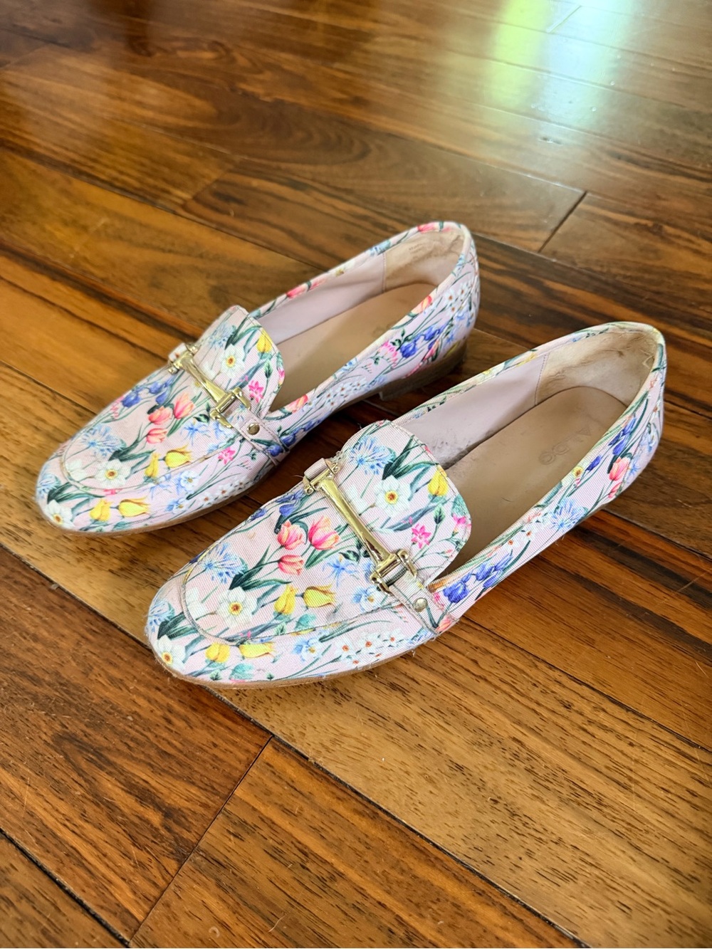 Aldo Pink Floral Loafers with Gold Bit